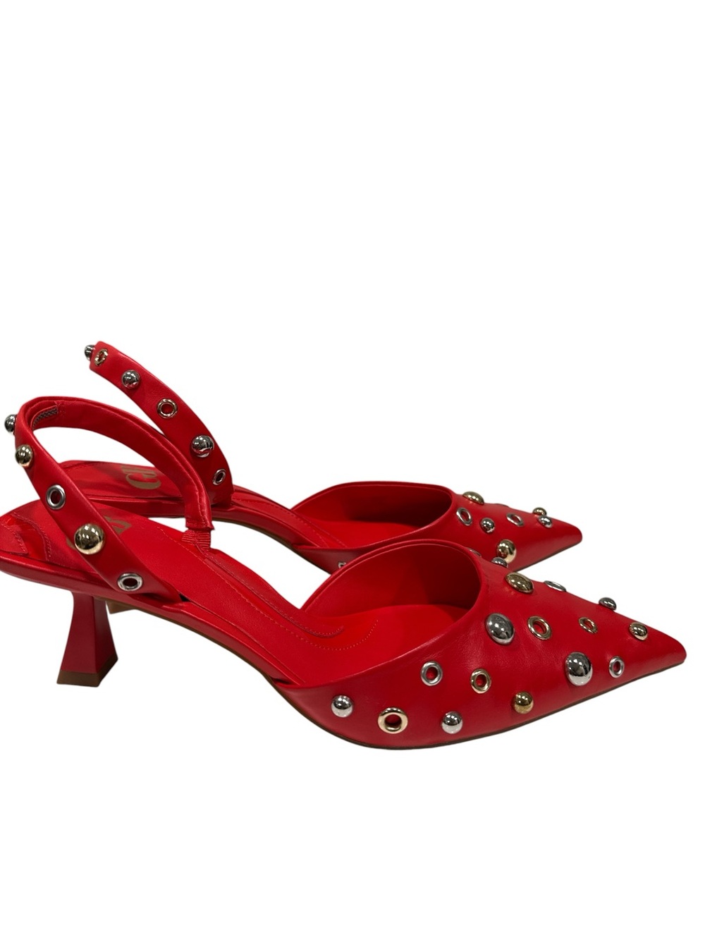 GB Office Siren Red Studded Pointed-Toe Slingback Heels - Picture 3 of 6